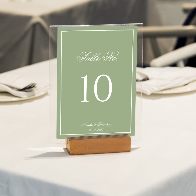 Classic Sage Green & White Border Script Wedding Table Number (Creator Uploaded)