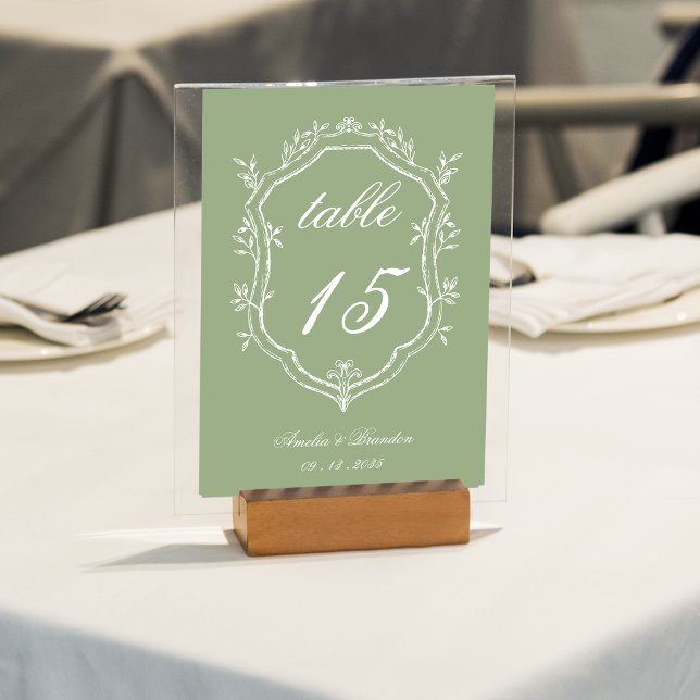 Classic Sage Green & White Floral Crest Wedding Table Number (Creator Uploaded)