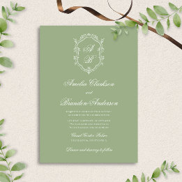 Classic Sage Green & White Monogram Crest Wedding Invitation