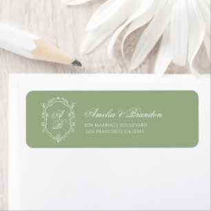 Classic Sage Green & White Monogram Crest Wedding Return Address Label