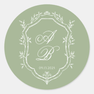 Classic Sage Green & White Monogram Crest Wedding Round Sticker
