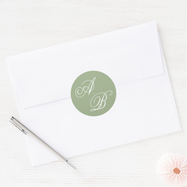 Classic Sage Green & White Monogram Script Wedding Round Sticker (Envelope)