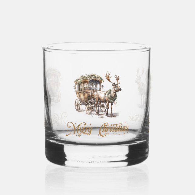 Classic sage holy greenery gold Reindeer Christmas Whiskey Glass (Left)