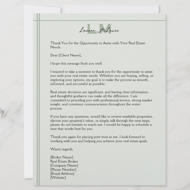 Classic Sage Realtor Client Correspondence Letter Custom Letterhead (Front)