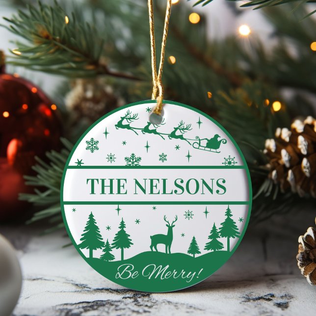 Classic Santa and Sleigh Family Keepsake Custom Ceramic Ornament (Classic Santa and Sleigh Family Keepsake Custom Ceramic Ornament. Just add your family name!)