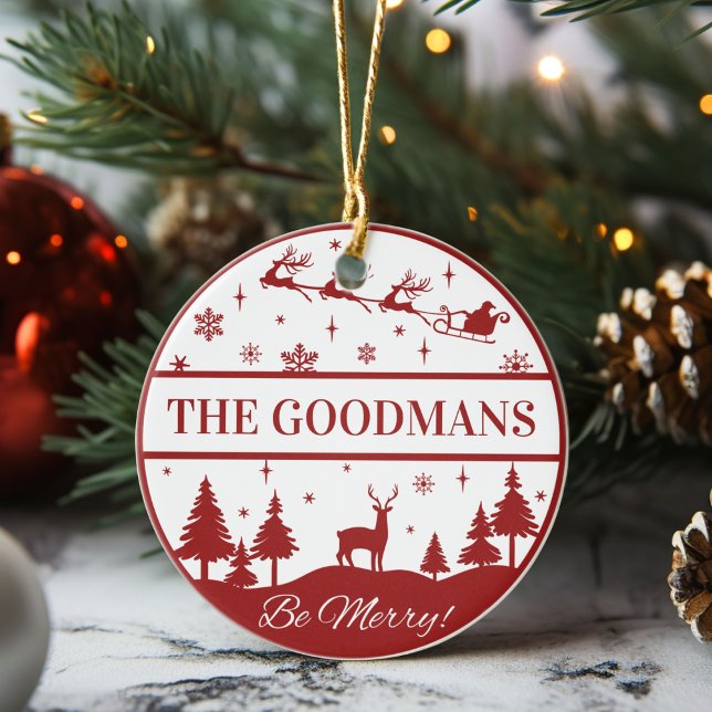 Classic Santa and Sleigh Personalised Christmas Ceramic Ornament (Classic Santa and Sleigh Personalized Christmas Ceramic Ornament -Just add your name or special text)