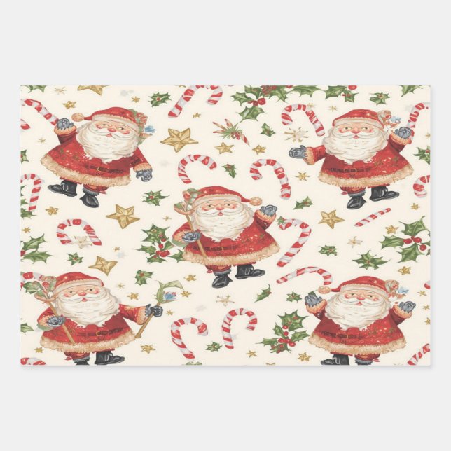 Classic Santa Candy Canes Christmas Patter Wrapping Paper Sheet (Front)