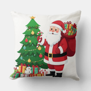 Classic Santa Christmas Tree Holiday Throw Pillow