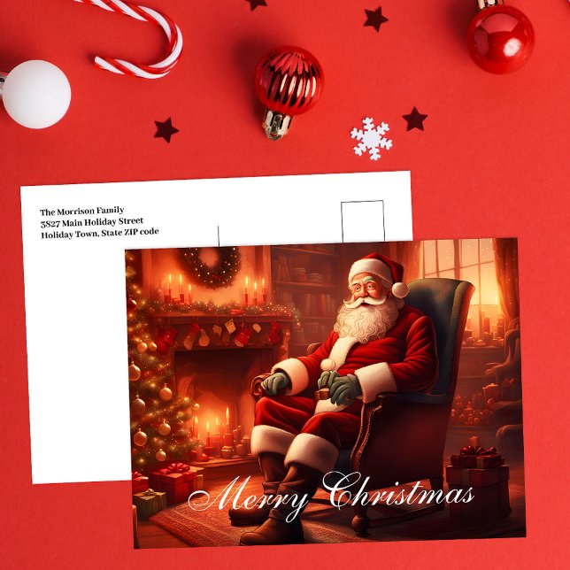 Classic Santa Christmas with Cosy Fireplace Scene Holiday Postcard (Creator Uploaded)