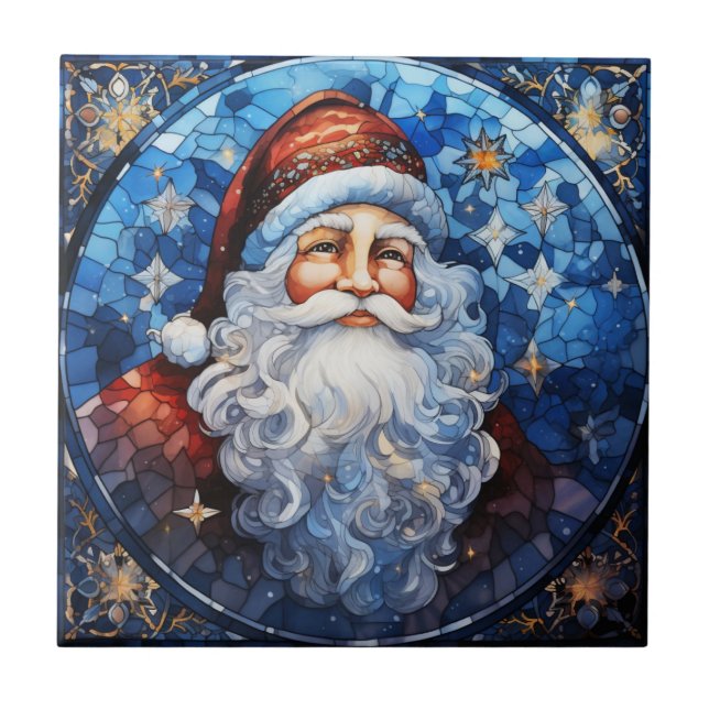 Classic Santa Claus Blue Stained Glass Ceramic Tile (Front)