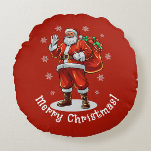 Classic Santa Claus bringing Christmas presents Round Cushion