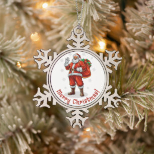 Classic Santa Claus bringing Christmas presents Snowflake Pewter Christmas Ornament