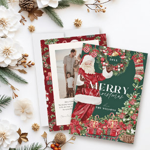 Classic Santa Claus Christmas Tree Green Photo Holiday Card