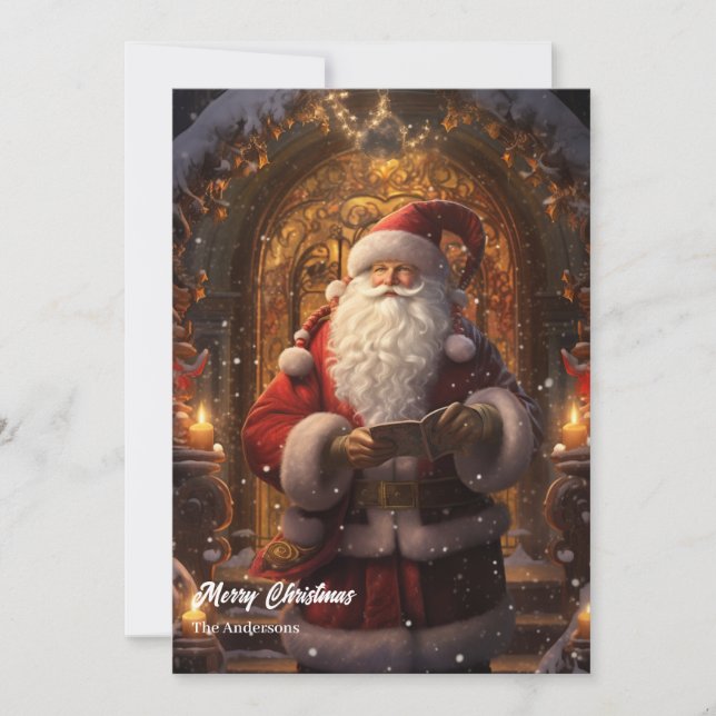 Classic Santa Claus in front of house door Holiday Card (Front)