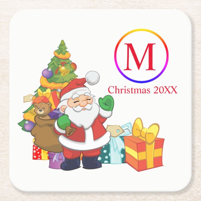Classic Santa Claus Monogram Christmas Square Paper Coaster (Front)