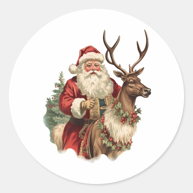 Classic Santa Claus Riding a Reindeer Christmas Round Sticker (Front)