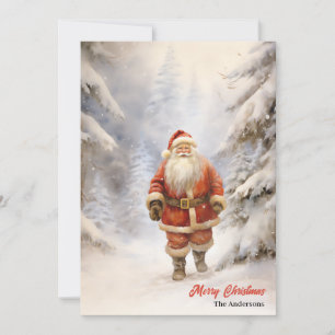 Classic Santa Claus walking in snowy forest Holiday Card