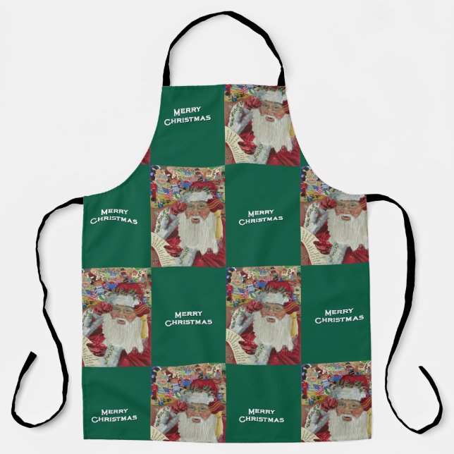 Classic Santa Green Checking It Twice Holiday Apron (Front)