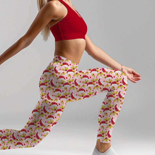 Classic Santa Hat Holly Novelty Fun Pink Christmas Leggings (Creator Uploaded)