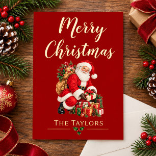 Classic Santa Merry Christmas Family Stocking Foil Holiday Card