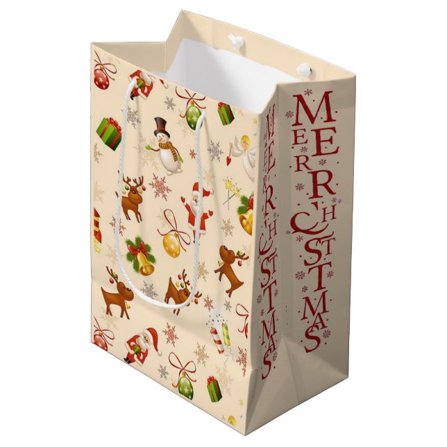 Classic Santa & Reindeer Christmas Gift Bag (Front Angled)