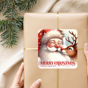 Classic Santa Rudolph Personalized Christmas Kids Square Sticker