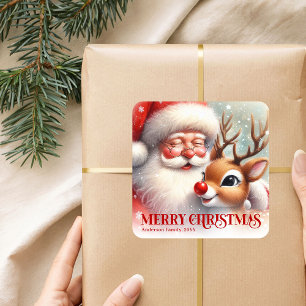 Classic Santa Rudolph Personalized Merry Christmas Square Sticker