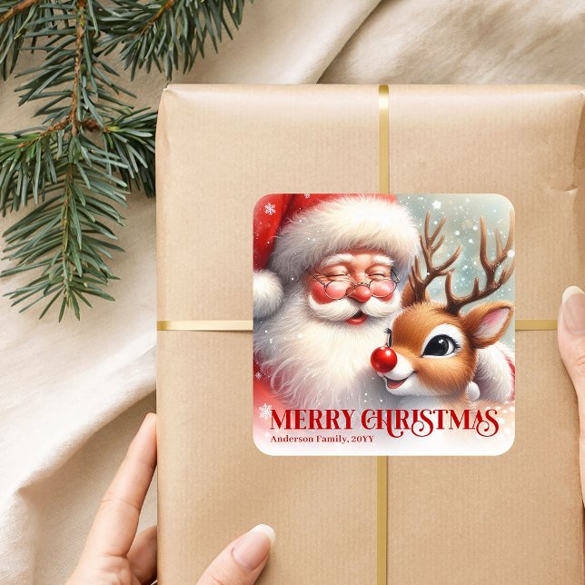 Classic Santa Rudolph Personalized Merry Christmas Square Sticker (Classic Santa Rudolph Personalized Merry Christmas Sticker)