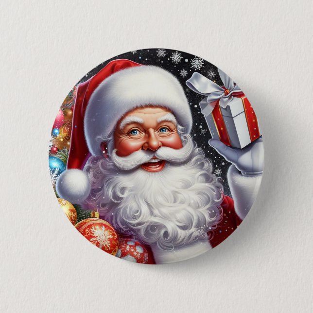 Classic Santa with present & ornaments 6 Cm Round Badge (Front)