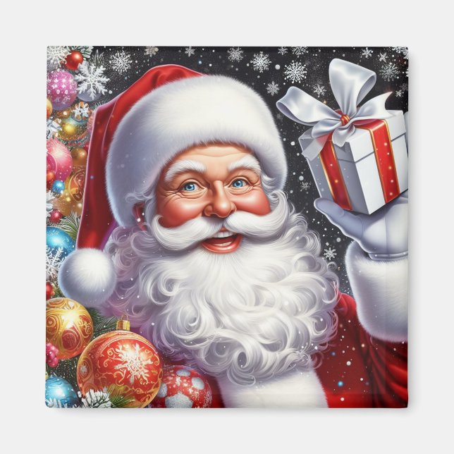 Classic Santa with present & ornaments Magnet (Front)
