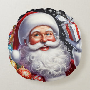 Classic Santa with present & ornaments Round Cushion