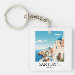 Classic Santorini Travel Artwork - Vintage Greek  Key Ring
