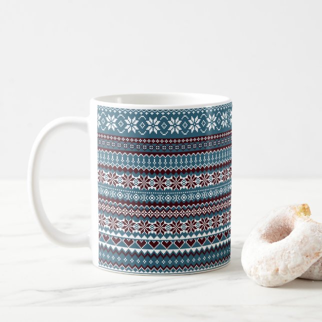 Classic Scandinavian Christmas Sweater Pattern Coffee Mug (With Donut)