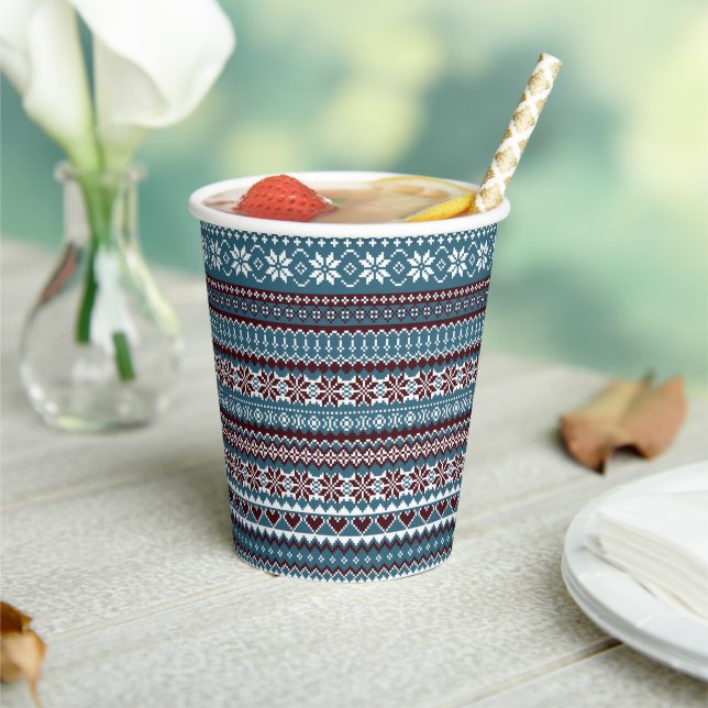 Classic Scandinavian Christmas Sweater Pattern Paper Cups (Insitu)