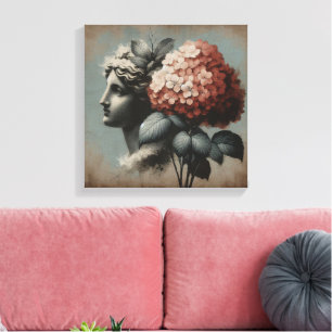 Classic Scene with gipsum statue and hydrangea Canvas Print