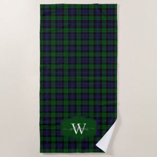 Classic Scottish Black Watch Tartan Plaid Monogram Beach Towel