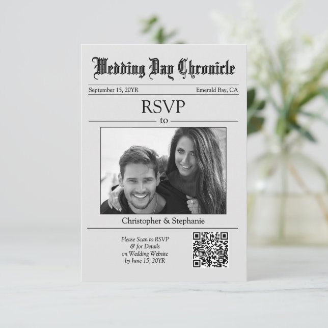 Classic Script 1 Photo QR Code Grey Newspaper RSVP Card (Standing Front)