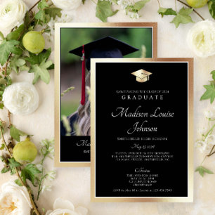 Classic Script Black & Gold Photo Graduation Invitation