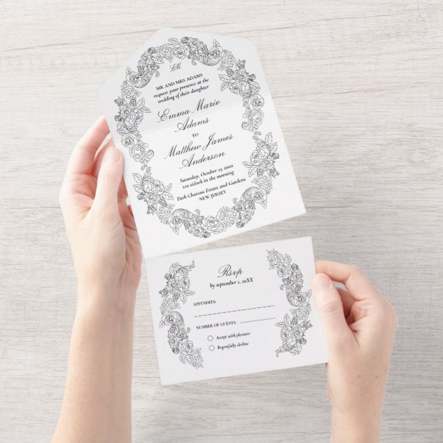 Classic Script Black & White Gothic Wedding All In One Invitation (Tearaway)