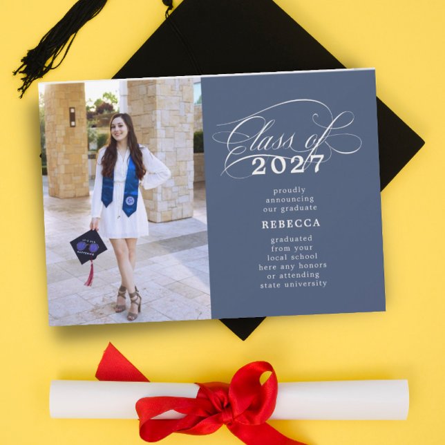 Classic Script Blue Photo Graduation Announcement (Creator Uploaded)