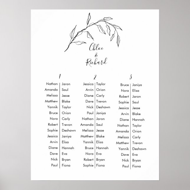 Classic Script Botanical Wedding Table Chart (Front)