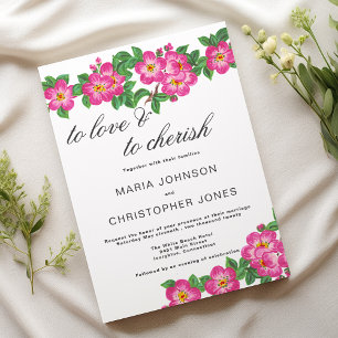 Classic script bright pink green floral wedding invitation