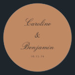 Classic Script Elegant Wedding Custom Terracotta Classic Round Sticker<br><div class="desc">Add a touch of elegance to your wedding or event with these customisable round stickers featuring a warm mocha background and classic script typography. Perfect for sealing invitations, decorating favour bags, or personalising gifts, these stickers blend timeless simplicity with a sophisticated style. Ideal for weddings, anniversaries, or special celebrations, they’re...</div>