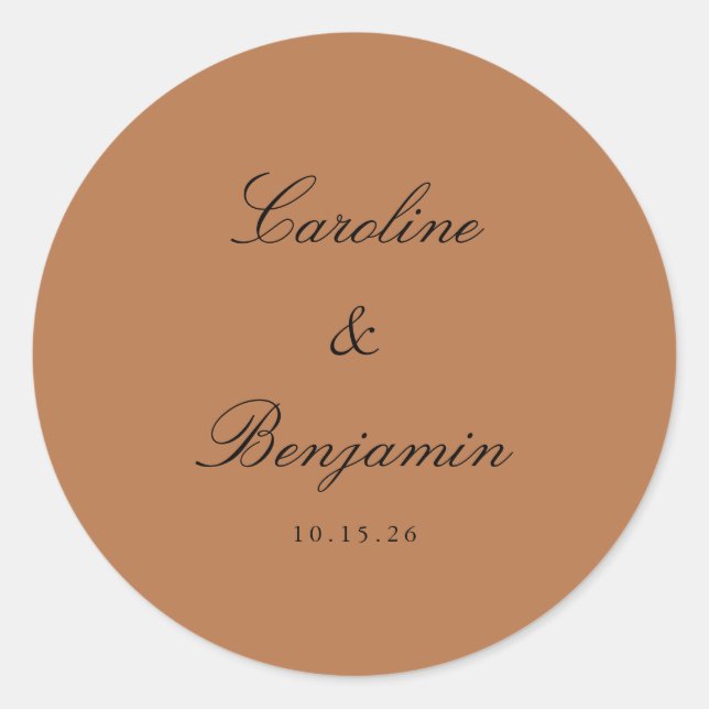 Classic Script Elegant Wedding Custom Terracotta Classic Round Sticker (Front)