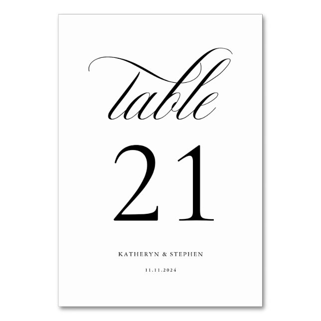 Classic Script Elegant Wedding Table Number 21 (Front)