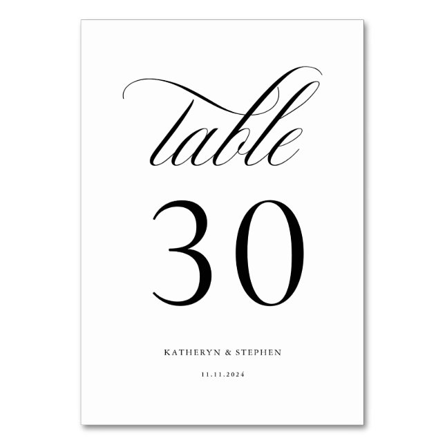 Classic Script Elegant Wedding Table Number 30 (Front)