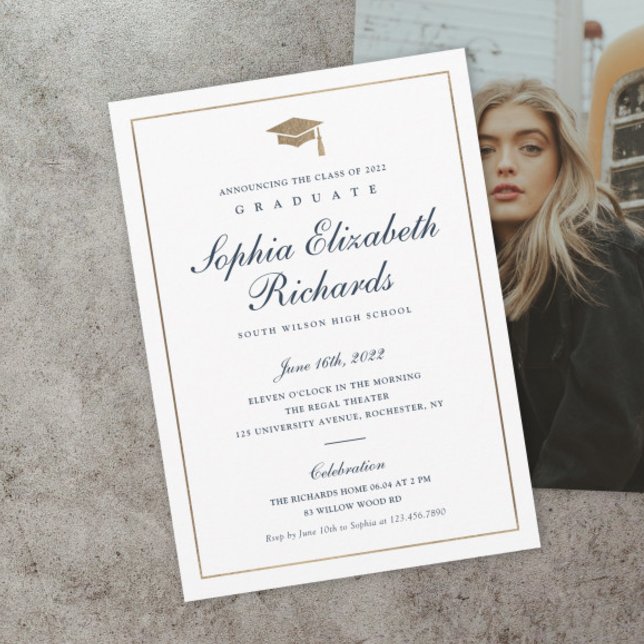 Classic Script Gold Photo Graduation Invitation (Classic navy blue and gold script formal photo graduation invitations.)