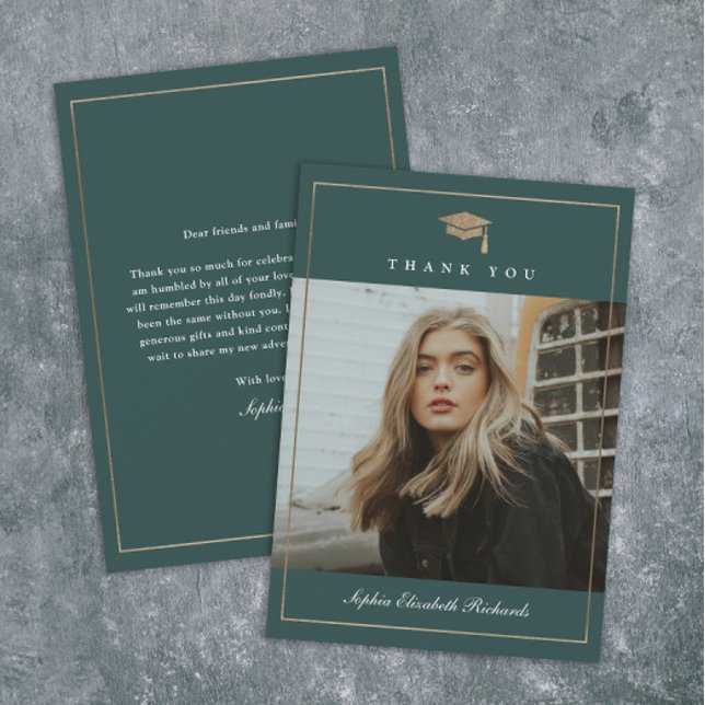Classic Script Gold Photo Graduation Thank You Card (Elegant gold graduation cap green photo graduation thank you cards.)