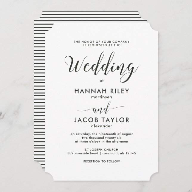 Classic Script Green Stripes Wedding Invitation (Front/Back)