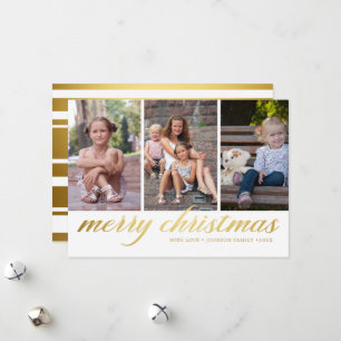 Classic Script Merry Christmas Gold 3 Photos Holiday Card